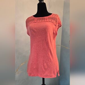 Linen Cotton Blend Coral Crochet Top S